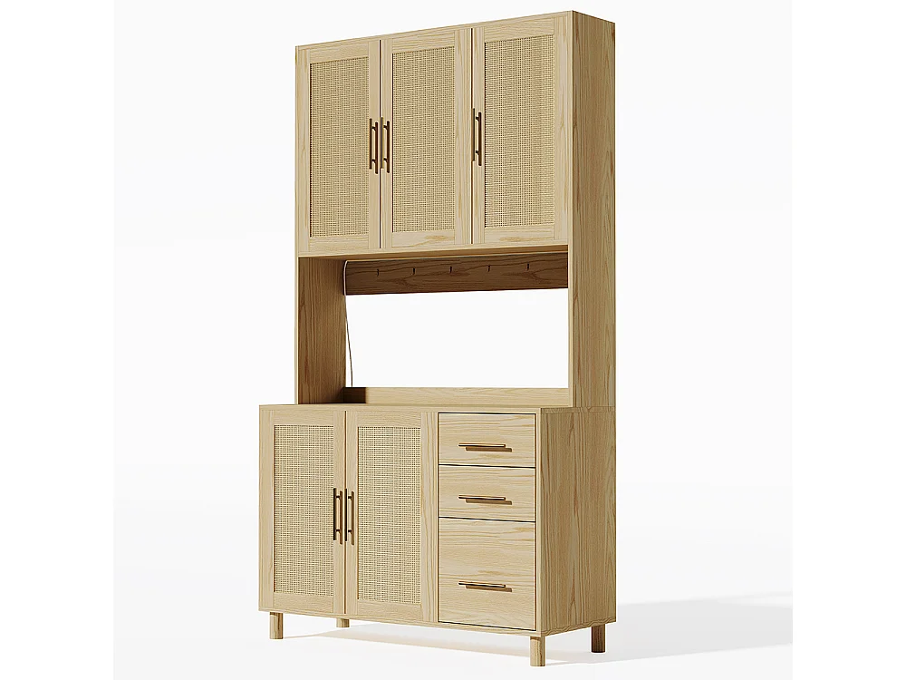 Buffet de cuisine éclairage décoratif LED contrôlé par application 2 ports USB 2 prises étagères réglables 3 tiroirs poignées en métal doré naturel