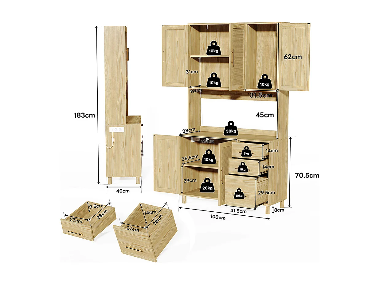 Buffet de cuisine éclairage décoratif LED contrôlé par application 2 ports USB 2 prises étagères réglables 3 tiroirs poignées en métal doré naturel
