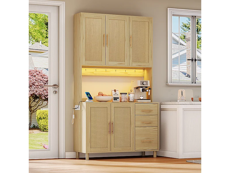 Buffet de cuisine éclairage décoratif LED contrôlé par application 2 ports USB 2 prises étagères réglables 3 tiroirs poignées en métal doré naturel