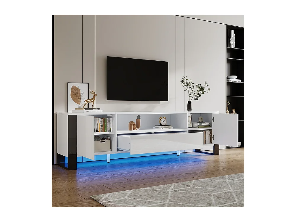 Meuble TV moderne brillant en blanc avec éclairage LED et espace de rangement pour téléviseurs jusqu'à 70 pouces blanc
