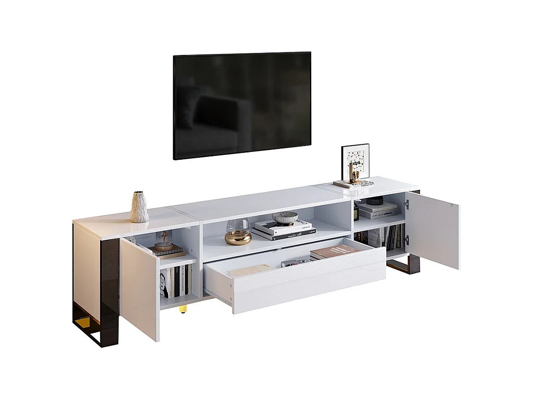 Meuble TV moderne brillant en blanc avec éclairage LED et espace de rangement pour téléviseurs jusqu'à 70 pouces blanc