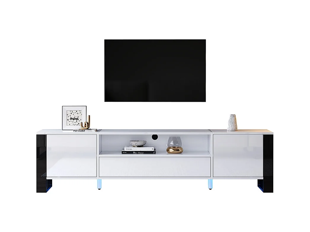Meuble TV moderne brillant en blanc avec éclairage LED et espace de rangement pour téléviseurs jusqu'à 70 pouces blanc