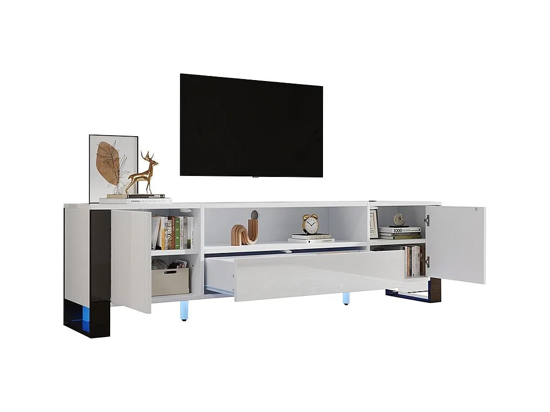 Meuble TV moderne brillant en blanc avec éclairage LED et espace de rangement pour téléviseurs jusqu'à 70 pouces blanc