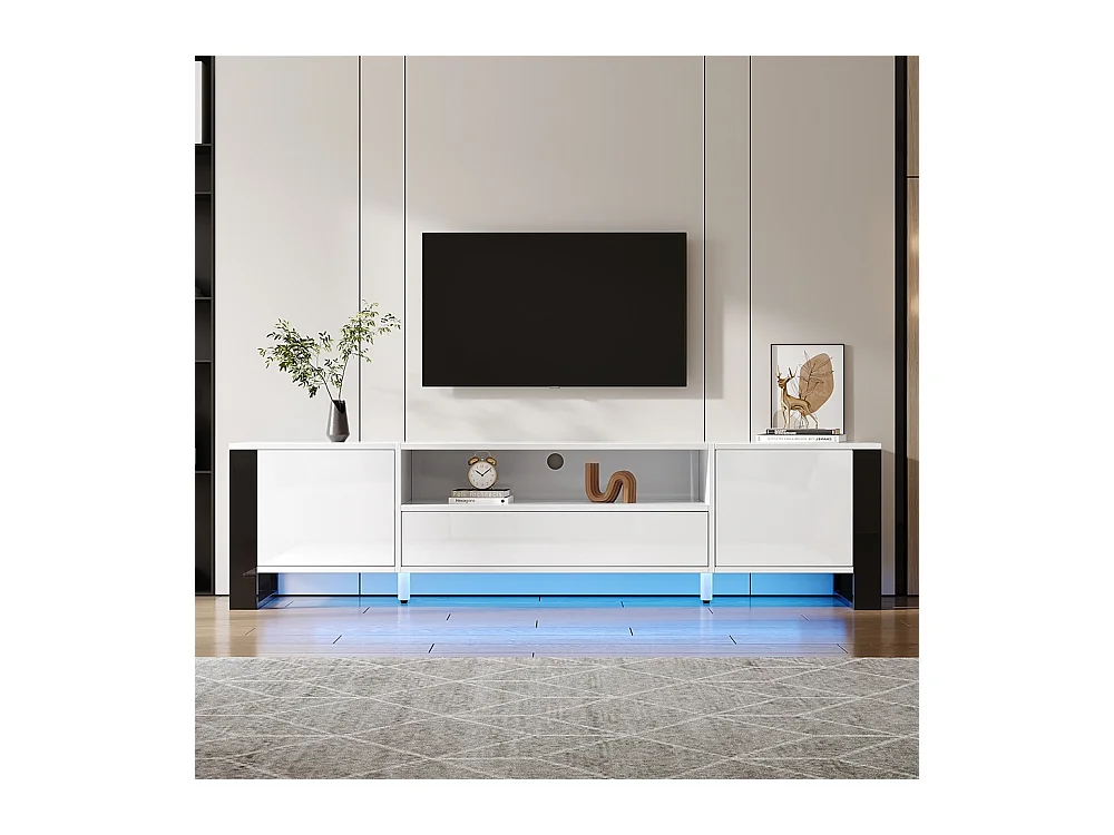 Meuble TV moderne brillant en blanc avec éclairage LED et espace de rangement pour téléviseurs jusqu'à 70 pouces blanc