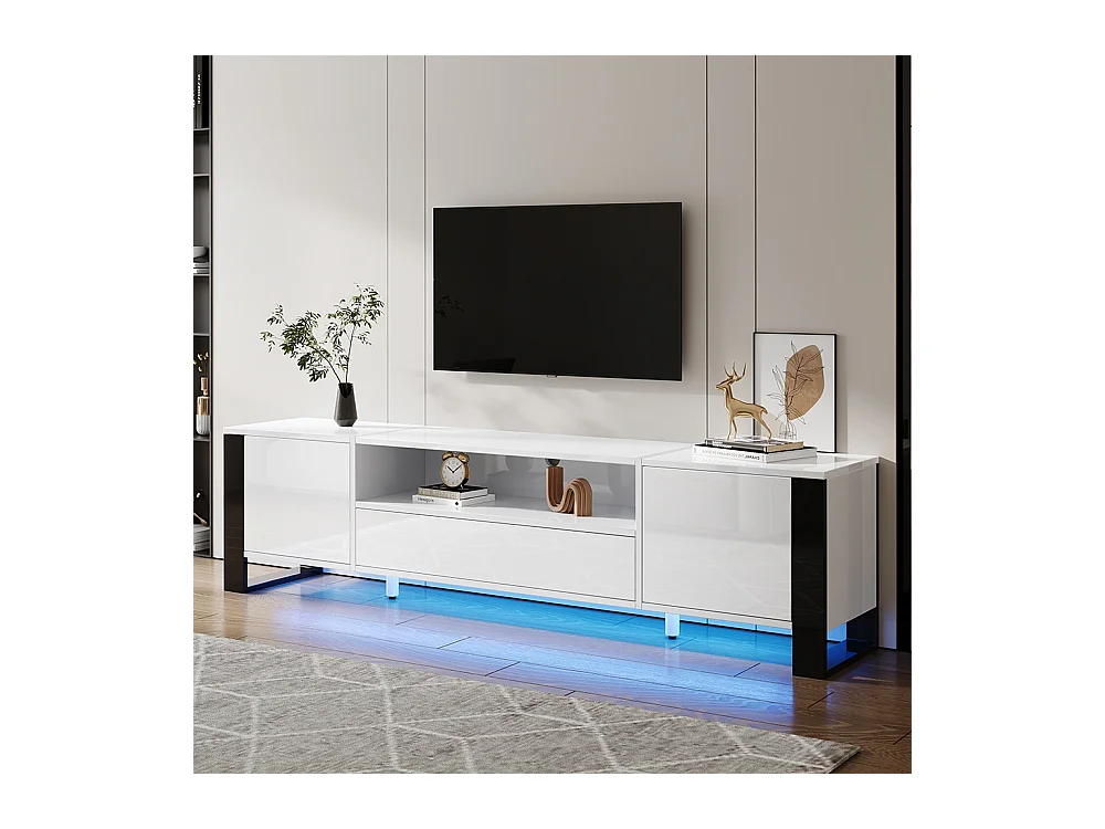 Meuble TV moderne brillant en blanc avec éclairage LED et espace de rangement pour téléviseurs jusqu'à 70 pouces blanc