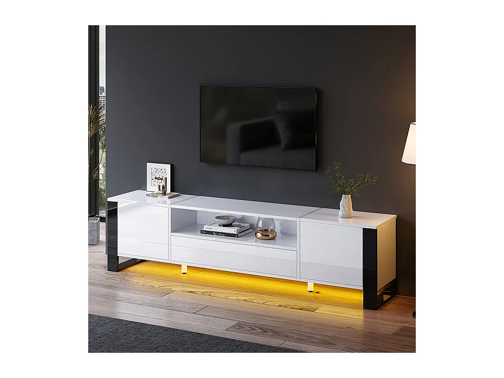 Meuble TV moderne brillant en blanc avec éclairage LED et espace de rangement pour téléviseurs jusqu'à 70 pouces blanc