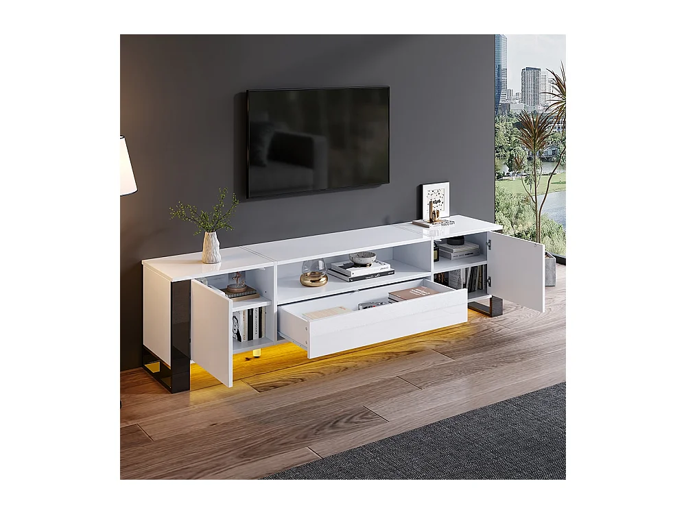 Meuble TV moderne brillant en blanc avec éclairage LED et espace de rangement pour téléviseurs jusqu'à 70 pouces blanc