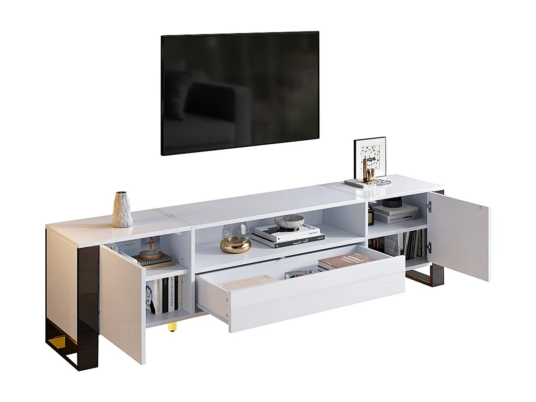 Meuble TV moderne brillant en blanc avec éclairage LED et espace de rangement pour téléviseurs jusqu'à 70 pouces blanc