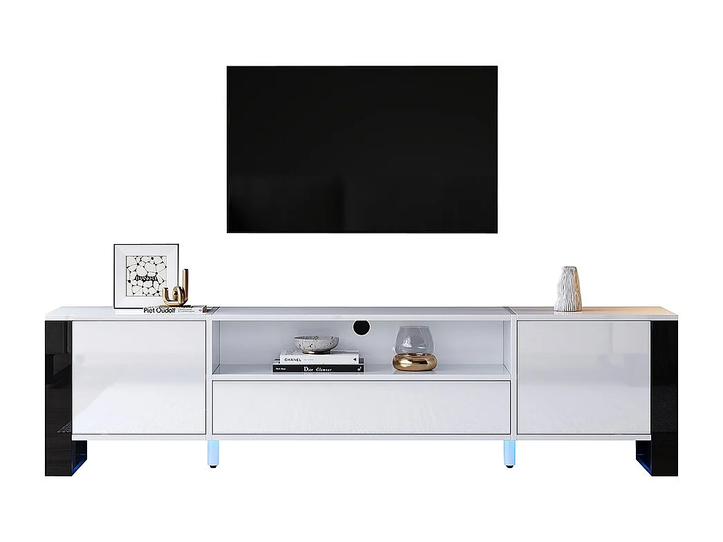 Meuble TV moderne brillant en blanc avec éclairage LED et espace de rangement pour téléviseurs jusqu'à 70 pouces blanc