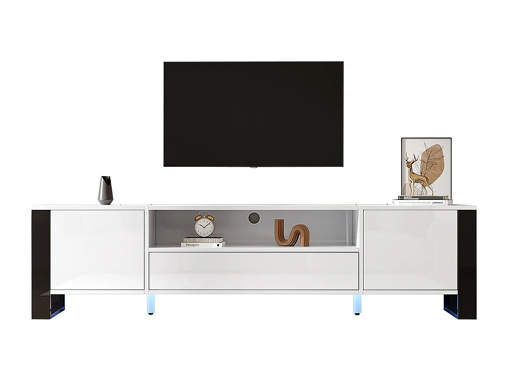 Meuble TV moderne brillant en blanc avec éclairage LED et espace de rangement pour téléviseurs jusqu'à 70 pouces blanc