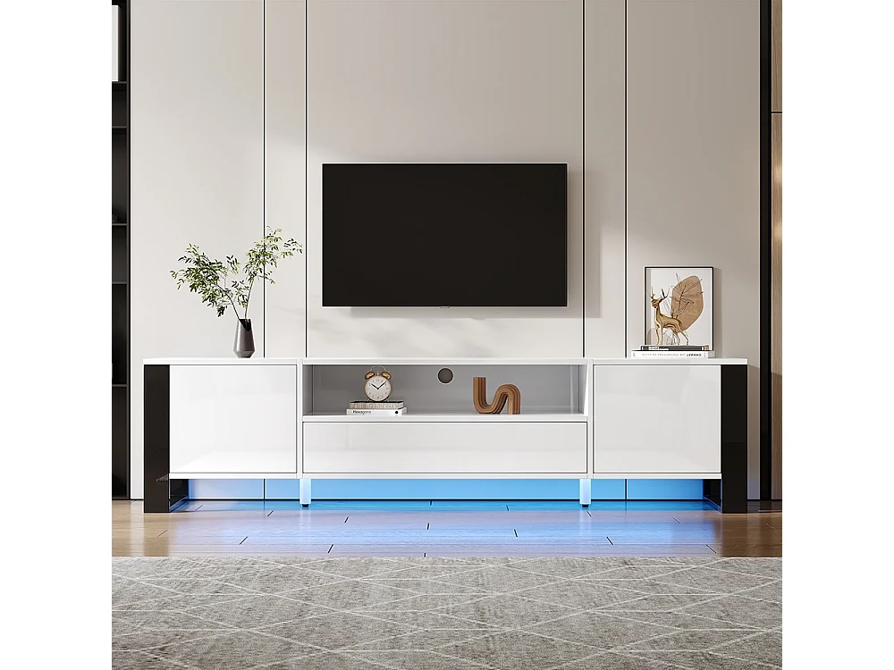 Meuble TV moderne brillant en blanc avec éclairage LED et espace de rangement pour téléviseurs jusqu'à 70 pouces blanc