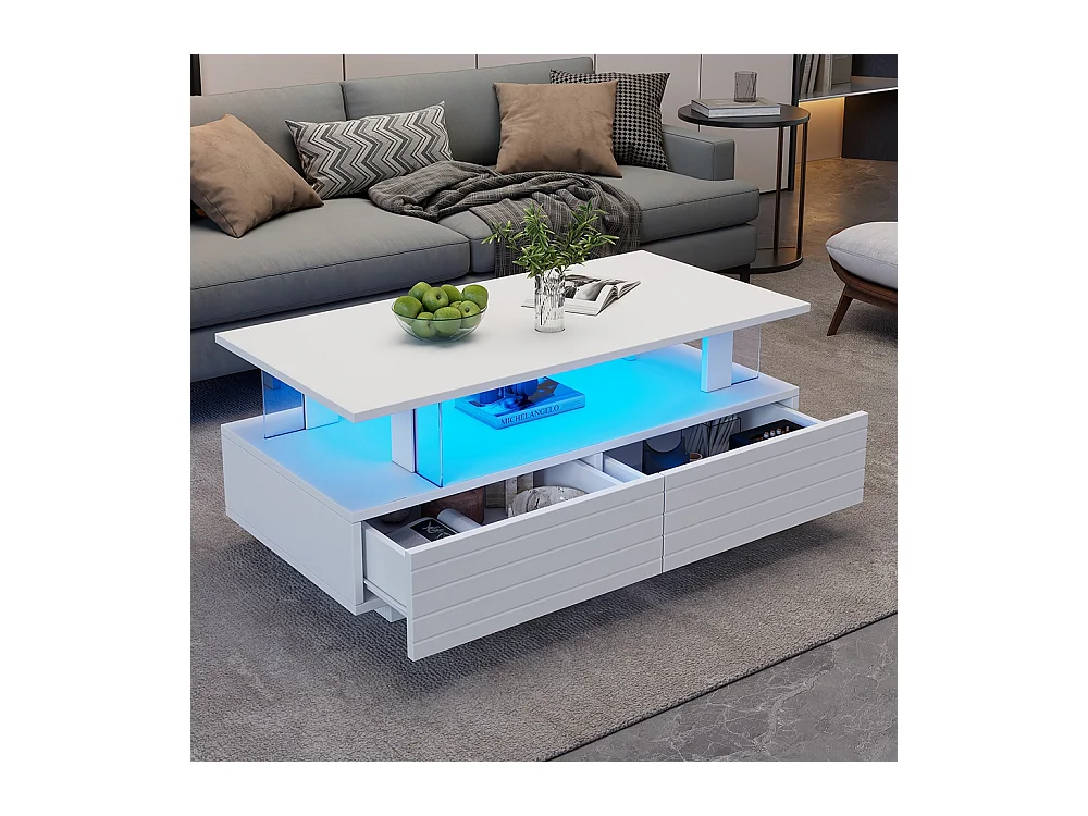 Table basse LED avec rangement table de salon en acrylique LED à double couche commande Bluetooth via application mobile blanc