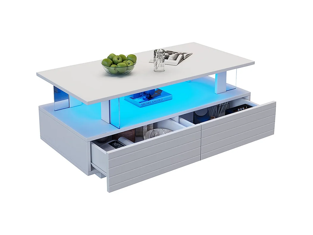 Table basse LED avec rangement table de salon en acrylique LED à double couche commande Bluetooth via application mobile blanc