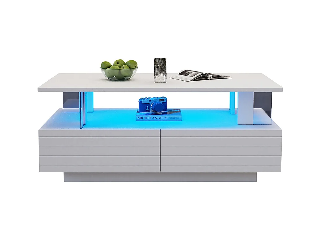 Table basse LED avec rangement table de salon en acrylique LED à double couche commande Bluetooth via application mobile blanc