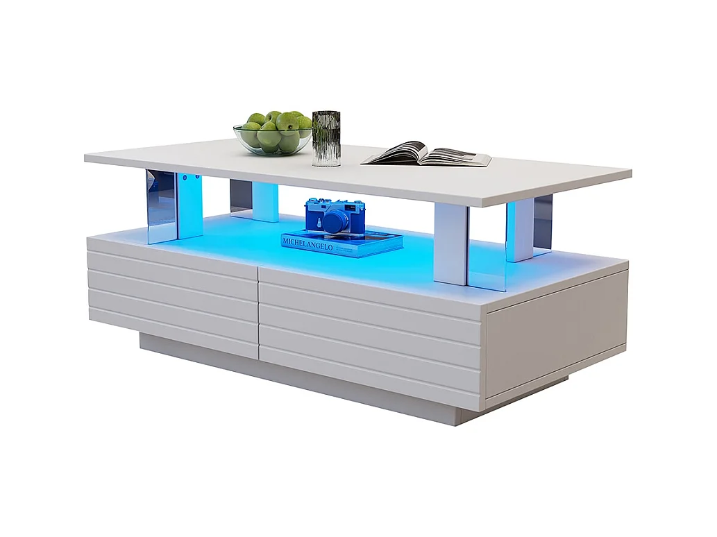 Table basse LED avec rangement table de salon en acrylique LED à double couche commande Bluetooth via application mobile blanc