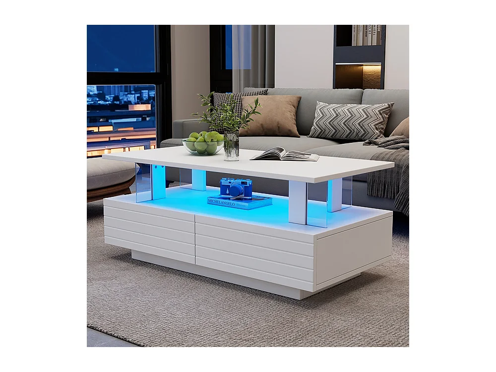 Table basse LED avec rangement table de salon en acrylique LED à double couche commande Bluetooth via application mobile blanc