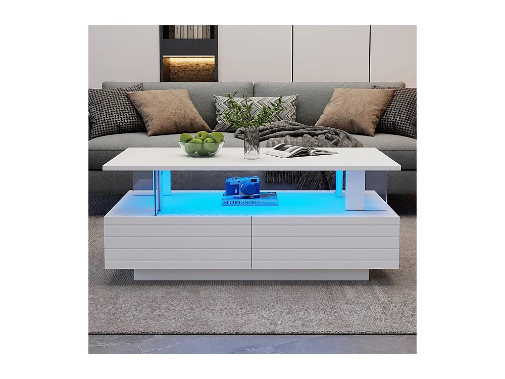 Table basse LED avec rangement table de salon en acrylique LED à double couche commande Bluetooth via application mobile blanc