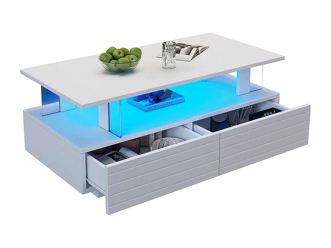 Table basse LED avec rangement table de salon en acrylique LED à double couche commande Bluetooth via application mobile blanc