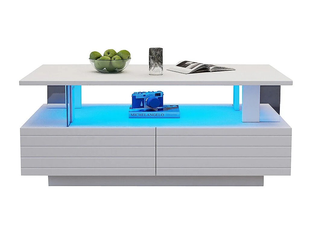 Table basse LED avec rangement table de salon en acrylique LED à double couche commande Bluetooth via application mobile blanc
