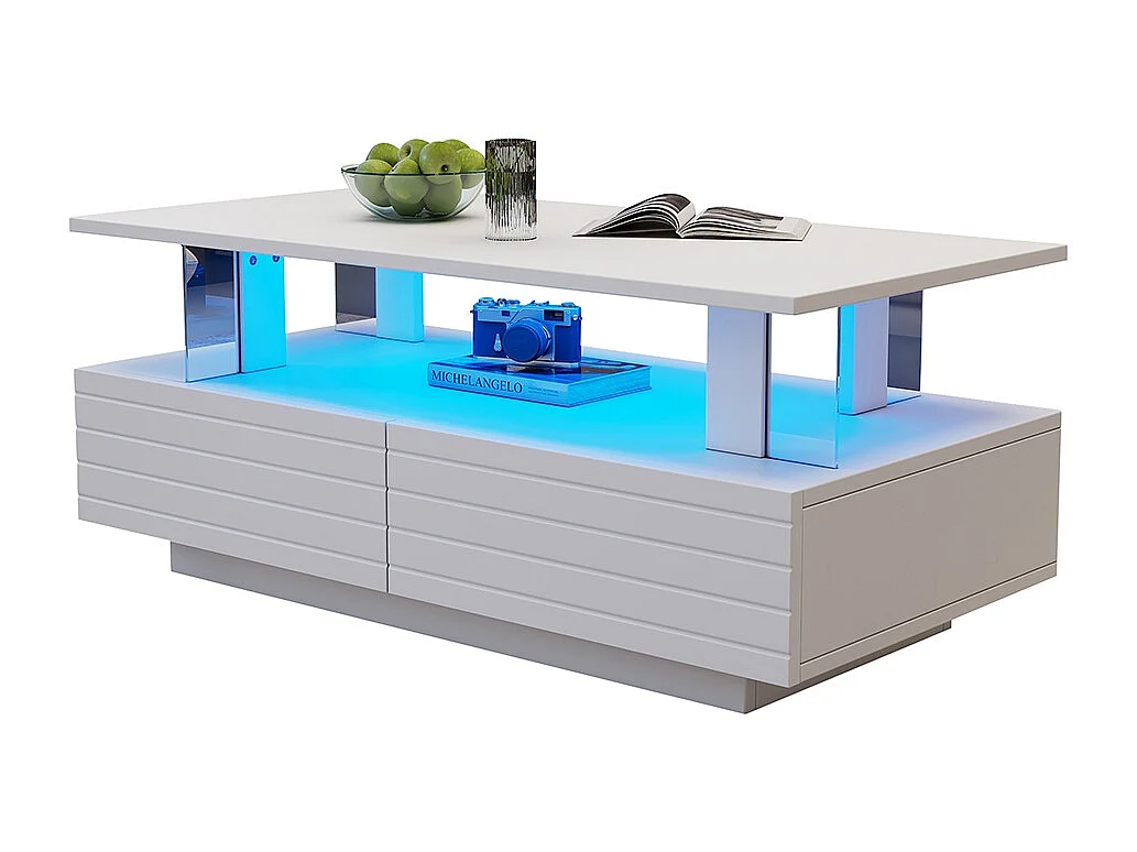 Table basse LED avec rangement table de salon en acrylique LED à double couche commande Bluetooth via application mobile blanc