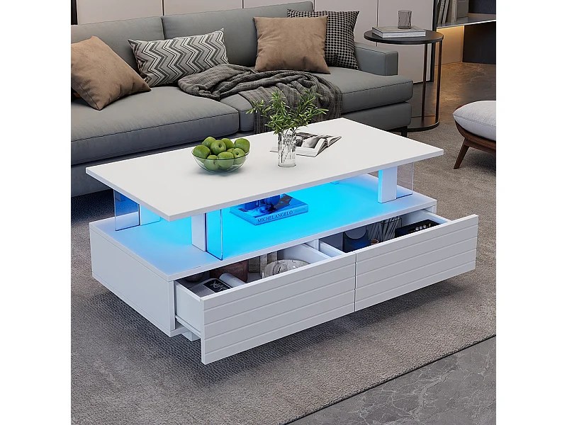 Table basse LED avec rangement table de salon en acrylique LED à double couche commande Bluetooth via application mobile blanc