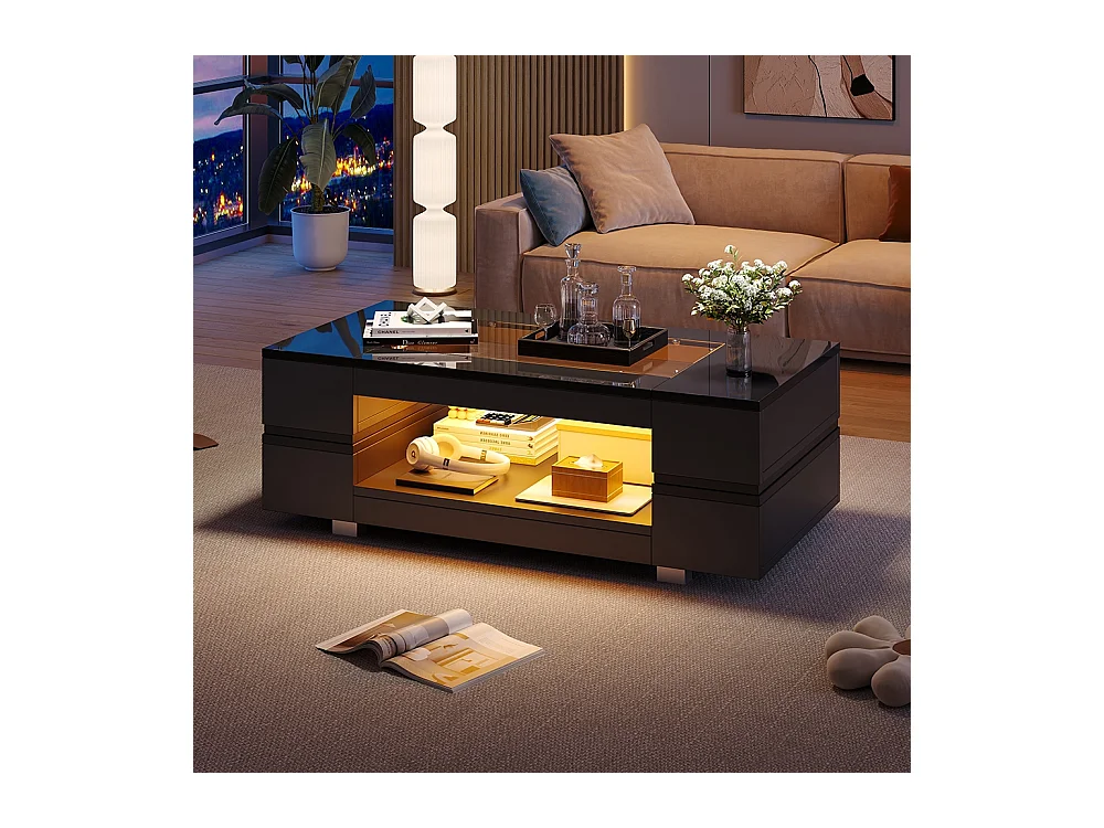 Table basse LED avec commande Bluetooth par application table double couche design creux brillant pour fêtes bureaux et salons noir