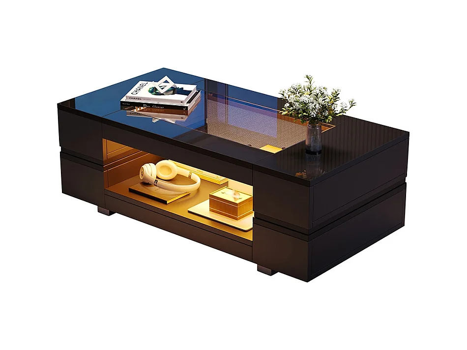 Table basse LED avec commande Bluetooth par application table double couche design creux brillant pour fêtes bureaux et salons noir