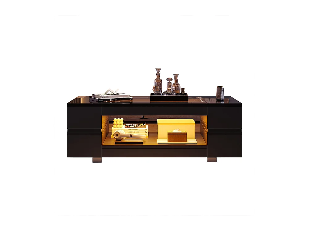 Table basse LED avec commande Bluetooth par application table double couche design creux brillant pour fêtes bureaux et salons noir