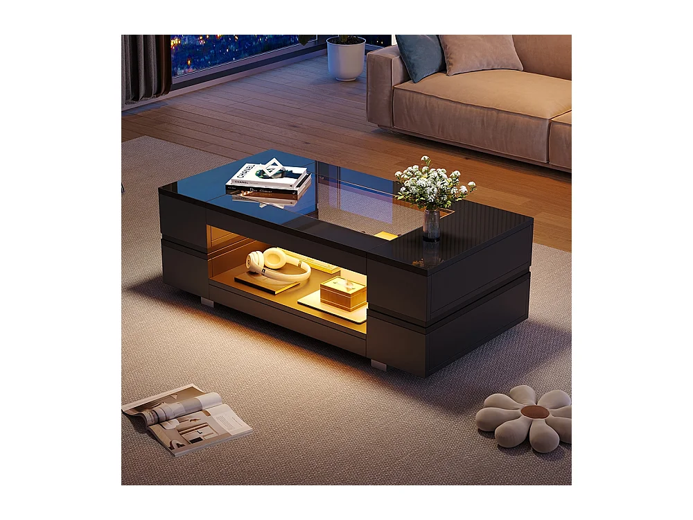 Table basse LED avec commande Bluetooth par application table double couche design creux brillant pour fêtes bureaux et salons noir
