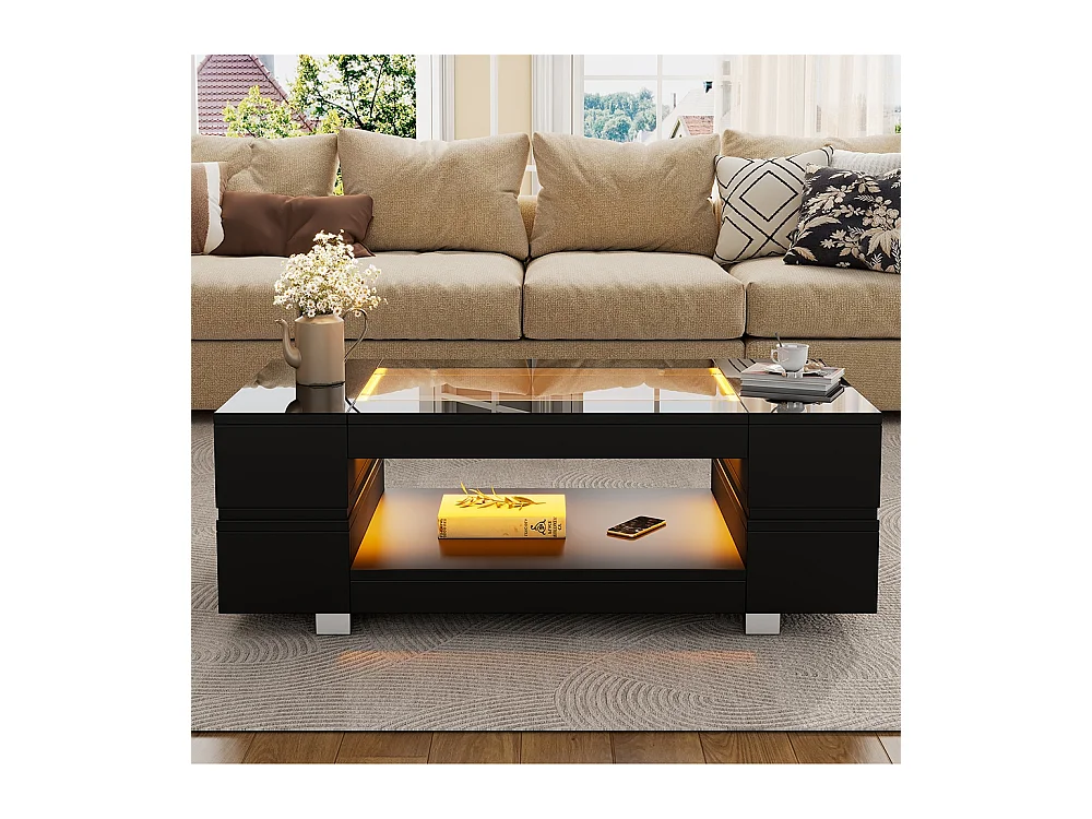Table basse LED avec commande Bluetooth par application table double couche design creux brillant pour fêtes bureaux et salons noir