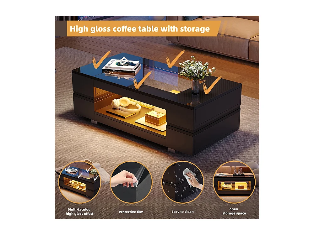 Table basse LED avec commande Bluetooth par application table double couche design creux brillant pour fêtes bureaux et salons noir