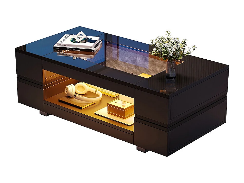 Table basse LED avec commande Bluetooth par application table double couche design creux brillant pour fêtes bureaux et salons noir