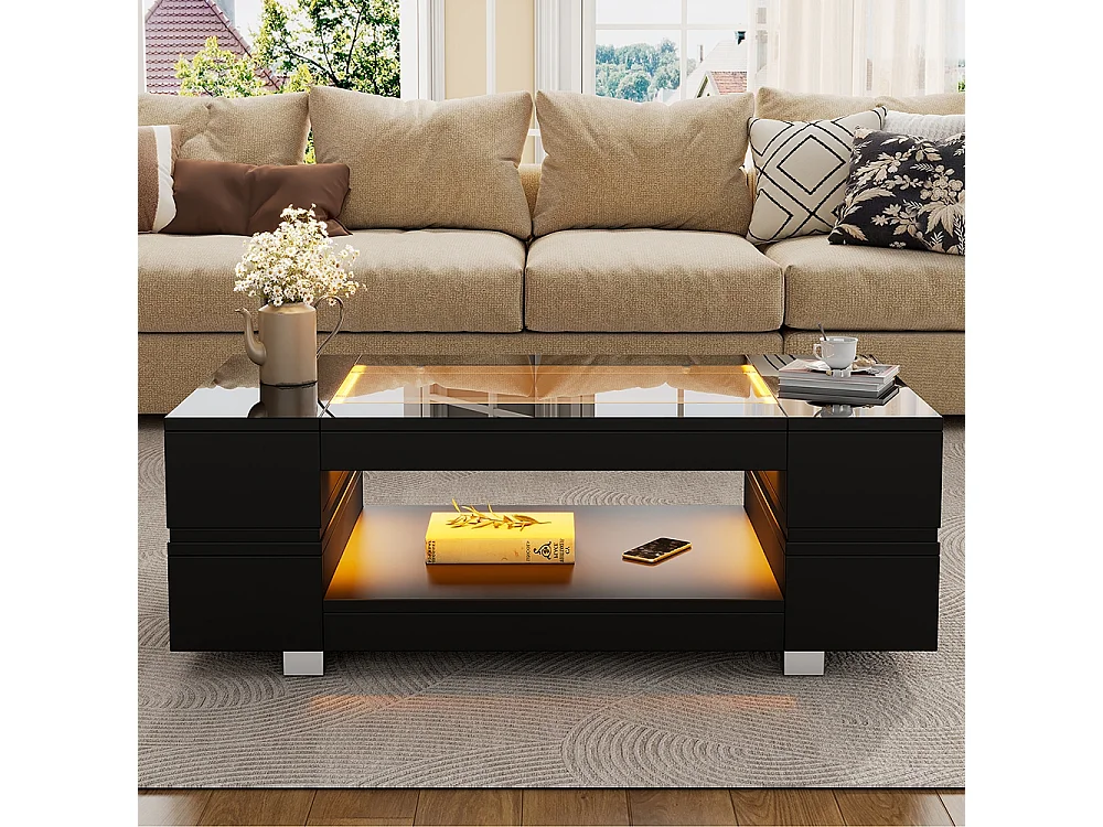 Table basse LED avec commande Bluetooth par application table double couche design creux brillant pour fêtes bureaux et salons noir