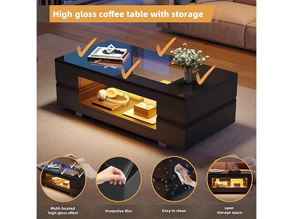 Table basse LED avec commande Bluetooth par application table double couche design creux brillant pour fêtes bureaux et salons noir