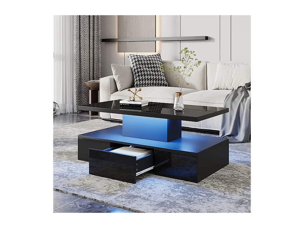 Table basse à deux niveaux pour le salon avec éclairage LED 16 couleurs table de salon brillante avec étagère ouverte et 1 tiroir noir