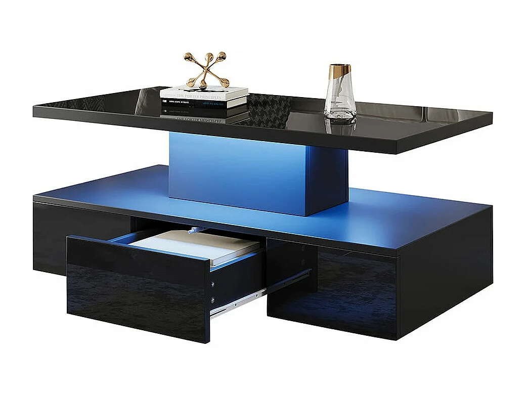 Table basse à deux niveaux pour le salon avec éclairage LED 16 couleurs table de salon brillante avec étagère ouverte et 1 tiroir noir