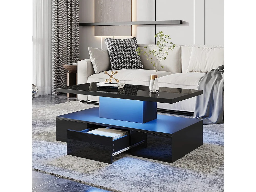Table basse à deux niveaux pour le salon avec éclairage LED 16 couleurs table de salon brillante avec étagère ouverte et 1 tiroir noir