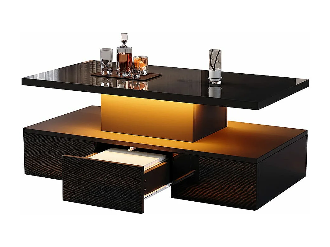 Table basse à deux niveaux pour le salon avec éclairage LED 16 couleurs table de salon brillante avec étagère ouverte et 1 tiroir noir