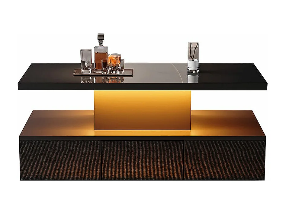 Table basse à deux niveaux pour le salon avec éclairage LED 16 couleurs table de salon brillante avec étagère ouverte et 1 tiroir noir