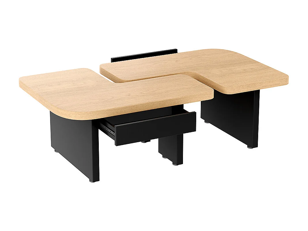 Table basse moderne LED 2 en 1 en bois écologique couleur bois naturel avec 2 tiroirs courbes et pieds réglables naturel