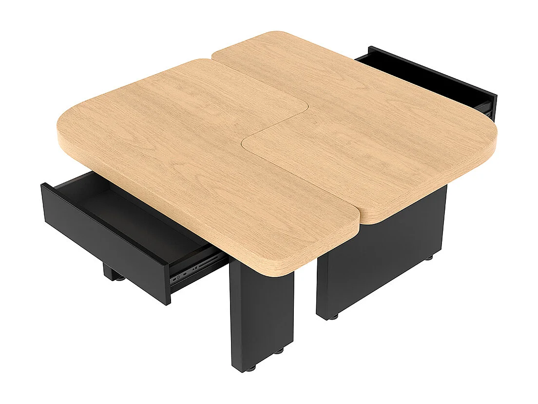 Table basse moderne LED 2 en 1 en bois écologique couleur bois naturel avec 2 tiroirs courbes et pieds réglables naturel