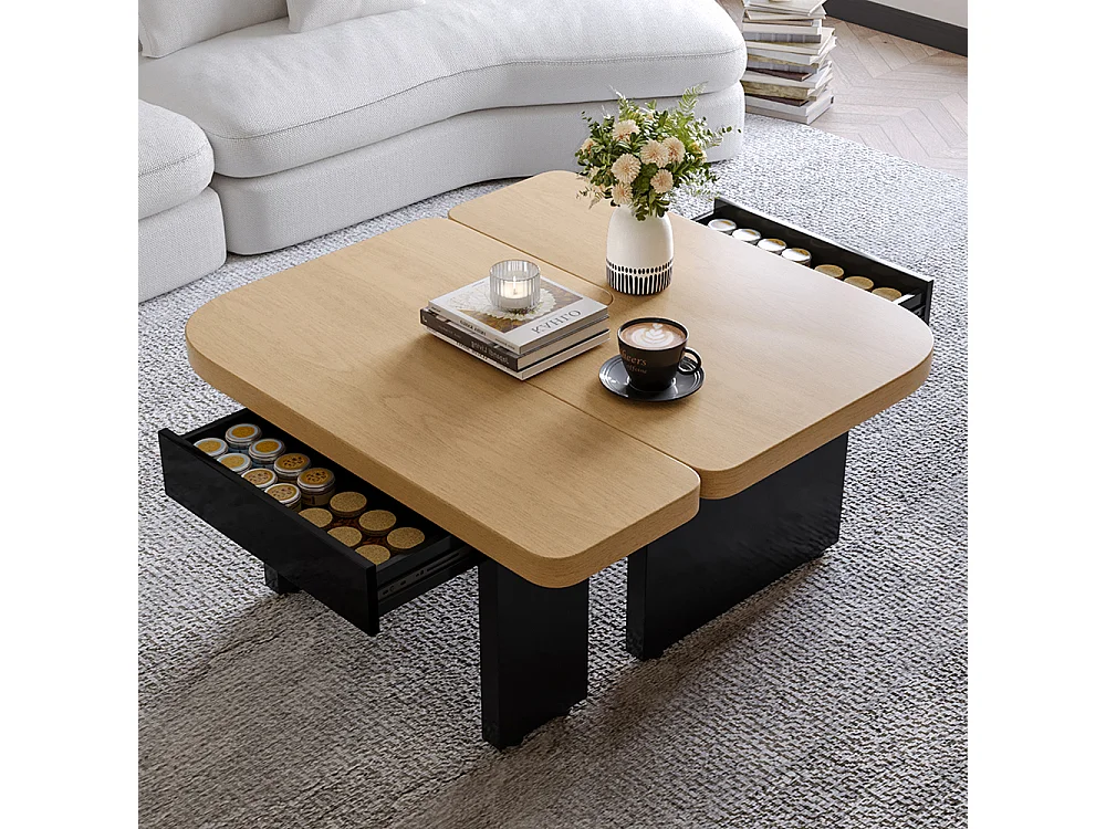 Table basse moderne LED 2 en 1 en bois écologique couleur bois naturel avec 2 tiroirs courbes et pieds réglables naturel