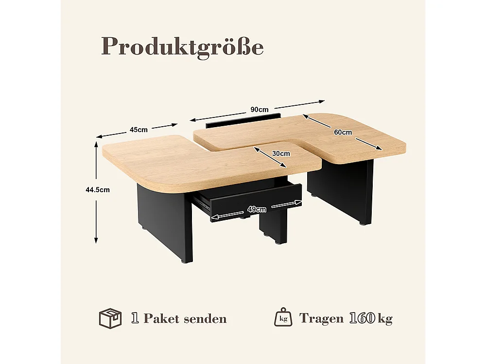 Table basse moderne LED 2 en 1 en bois écologique couleur bois naturel avec 2 tiroirs courbes et pieds réglables naturel
