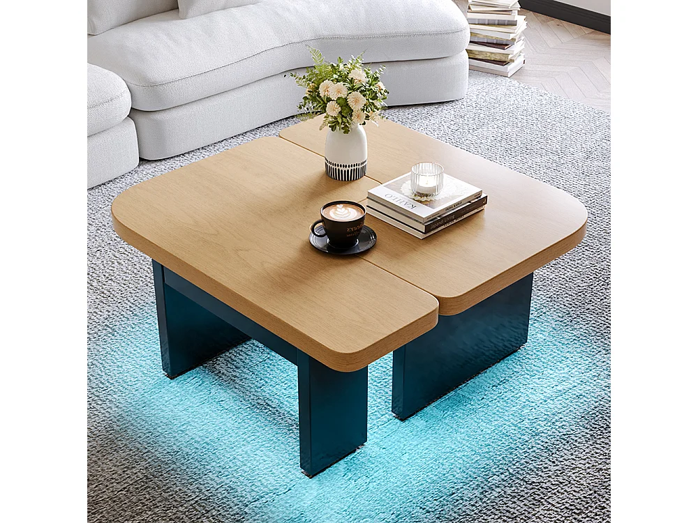 Table basse moderne LED 2 en 1 en bois écologique couleur bois naturel avec 2 tiroirs courbes et pieds réglables naturel