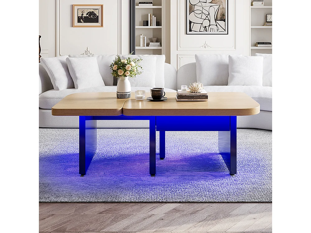 Table basse moderne LED 2 en 1 en bois écologique couleur bois naturel avec 2 tiroirs courbes et pieds réglables naturel
