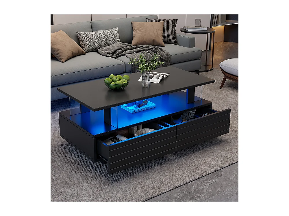 Table basse LED avec rangement table de salon en acrylique LED à double couche commande Bluetooth via application mobile noir