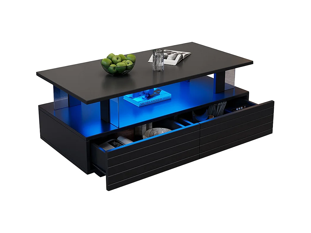 Table basse LED avec rangement table de salon en acrylique LED à double couche commande Bluetooth via application mobile noir