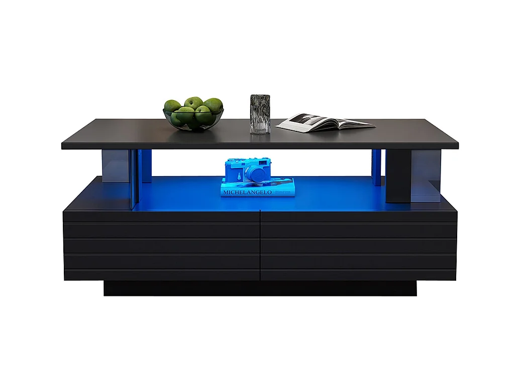 Table basse LED avec rangement table de salon en acrylique LED à double couche commande Bluetooth via application mobile noir