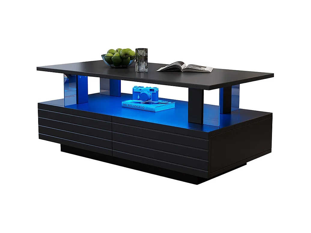 Table basse LED avec rangement table de salon en acrylique LED à double couche commande Bluetooth via application mobile noir