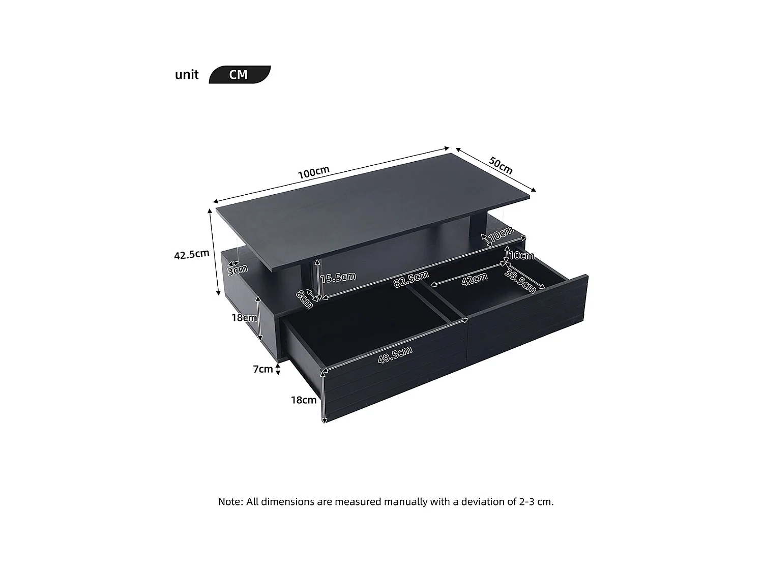 Table basse LED avec rangement table de salon en acrylique LED à double couche commande Bluetooth via application mobile noir